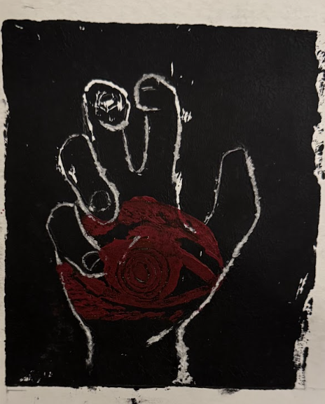 A black and white line drawing of a hand with a red rose on its palm.