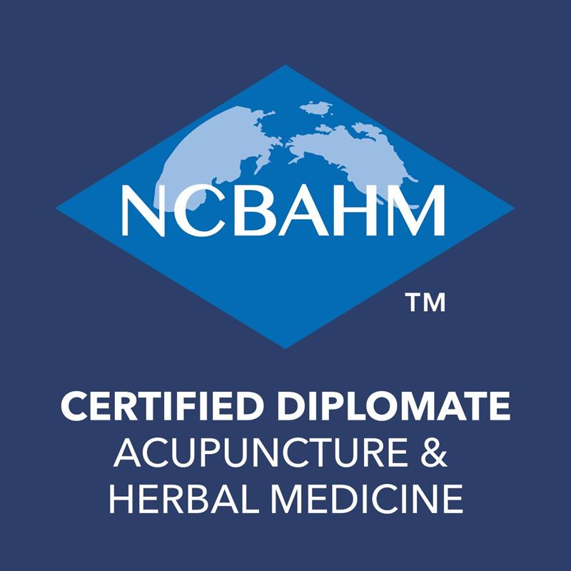 Logo of NCBHIM with a globe and text indicating Certified Diplome in Acupuncture & Herbal Medicine.