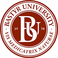 Bastyr University logo featuring a maroon and white circular emblem with the initials 'BU', established in 1978, and the motto 'VIs Medicatrix Naturae'.