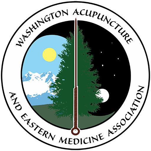 Logo of Washington Acupuncture and Eastern Medicine Association depicting a tree with a background divided into day and night.