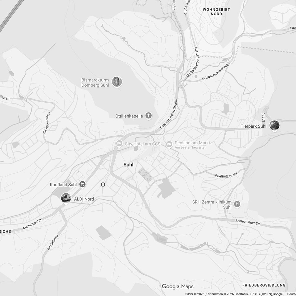 Eine Schwarz-Weiß-Karte von Suhl mit Sehenswürdigkeiten, Geschäften und Straßen.