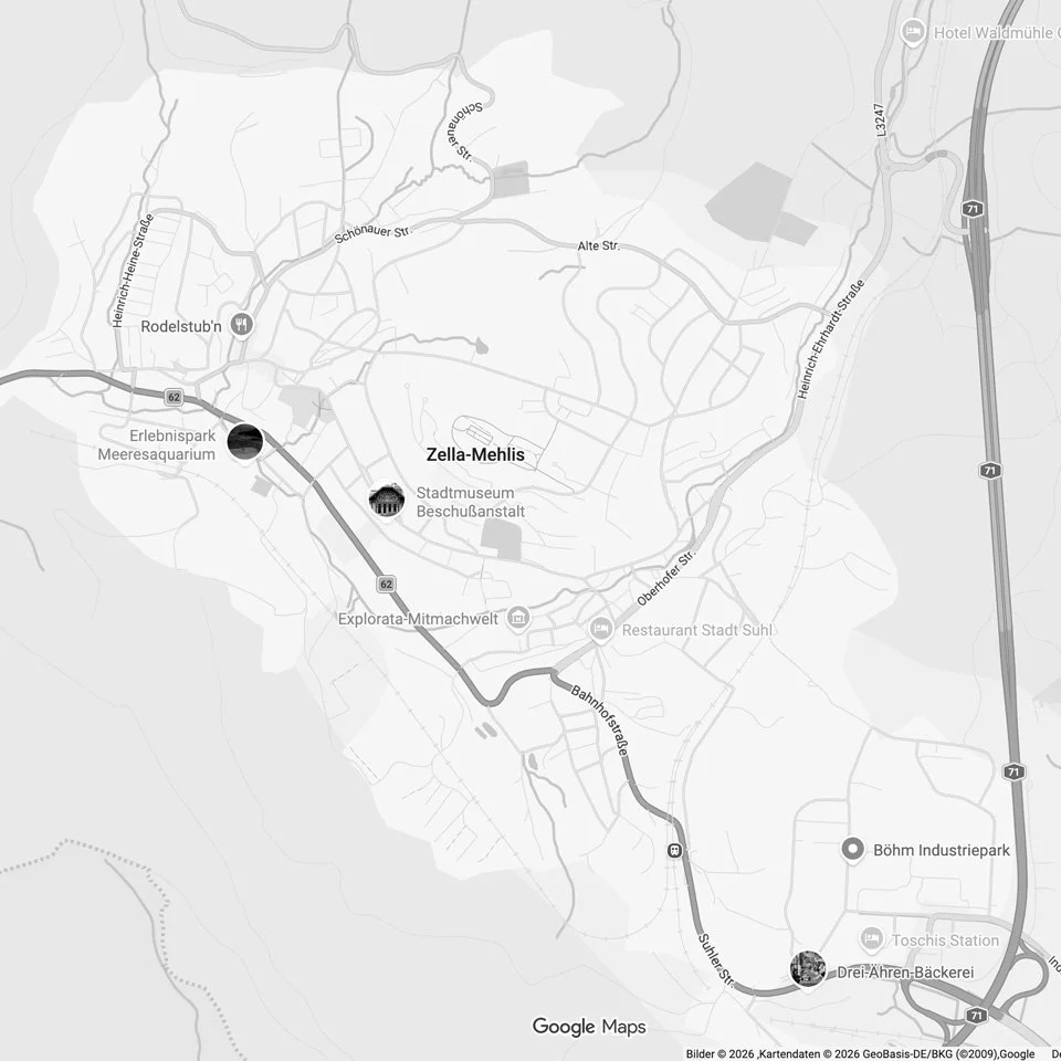 Eine Schwarz-Weiß-Karte der Stadt Zella-Mehlis mit markierten Sehenswürdigkeiten sowie verschiedenen Straßen und Autobahnen.