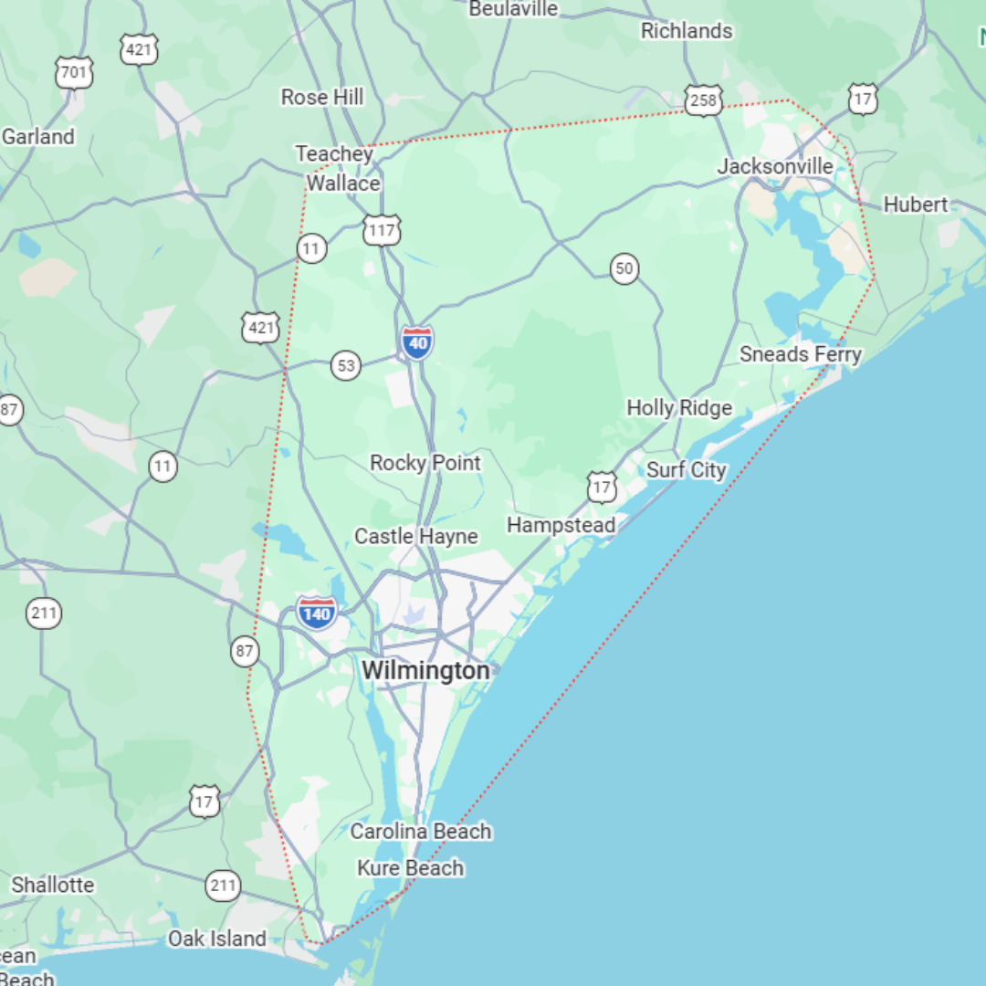 Map of southeastern North Carolina showing cities including Wilmington, Jacksonville, and Myrtle Beach, with highways and water bodies.
