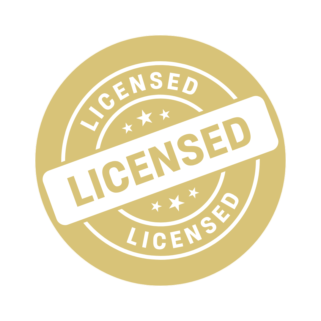 Gold-colored circular badge with the word "LICENSED" written multiple times around the edge, with a large white banner across the center bearing the word "LICENSED" in bold uppercase letters.