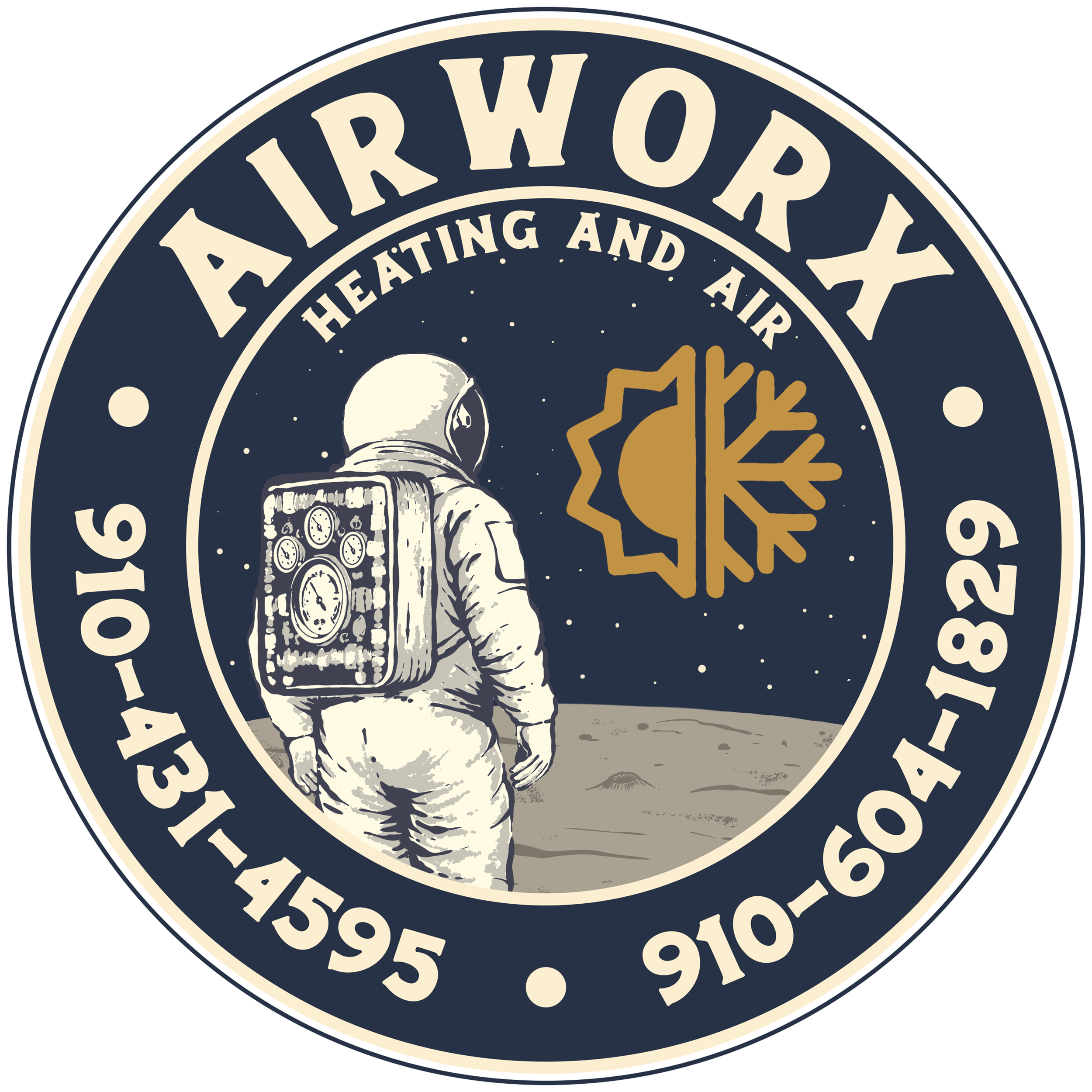 Circular logo with an astronaut holding a space helmet, surrounded by text that reads 'AIRWORX' and 'HEATING AND AIR,' with a snowflake and starry background.