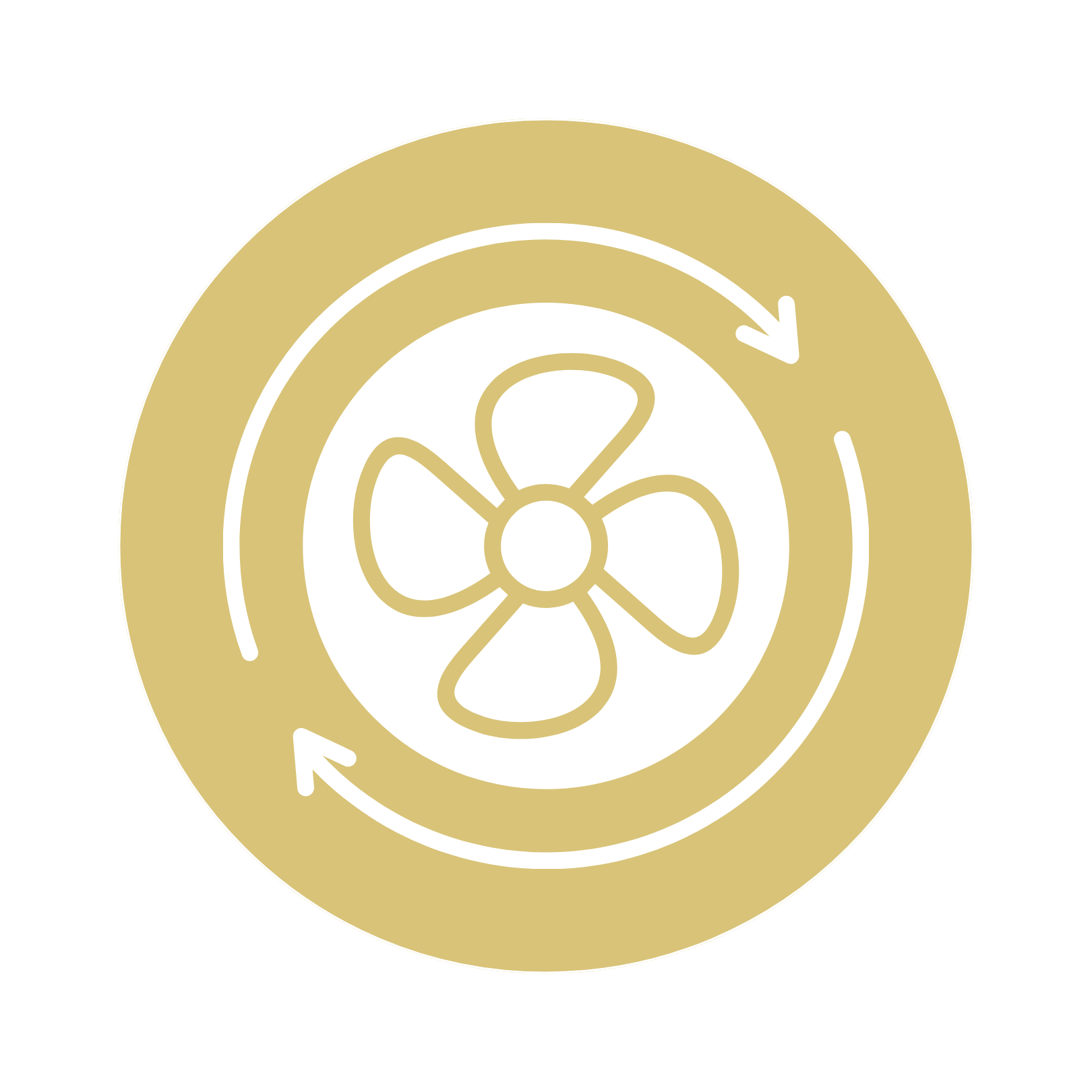 Diagram of a rotating fan with arrows indicating circular motion inside a gold-colored circle.