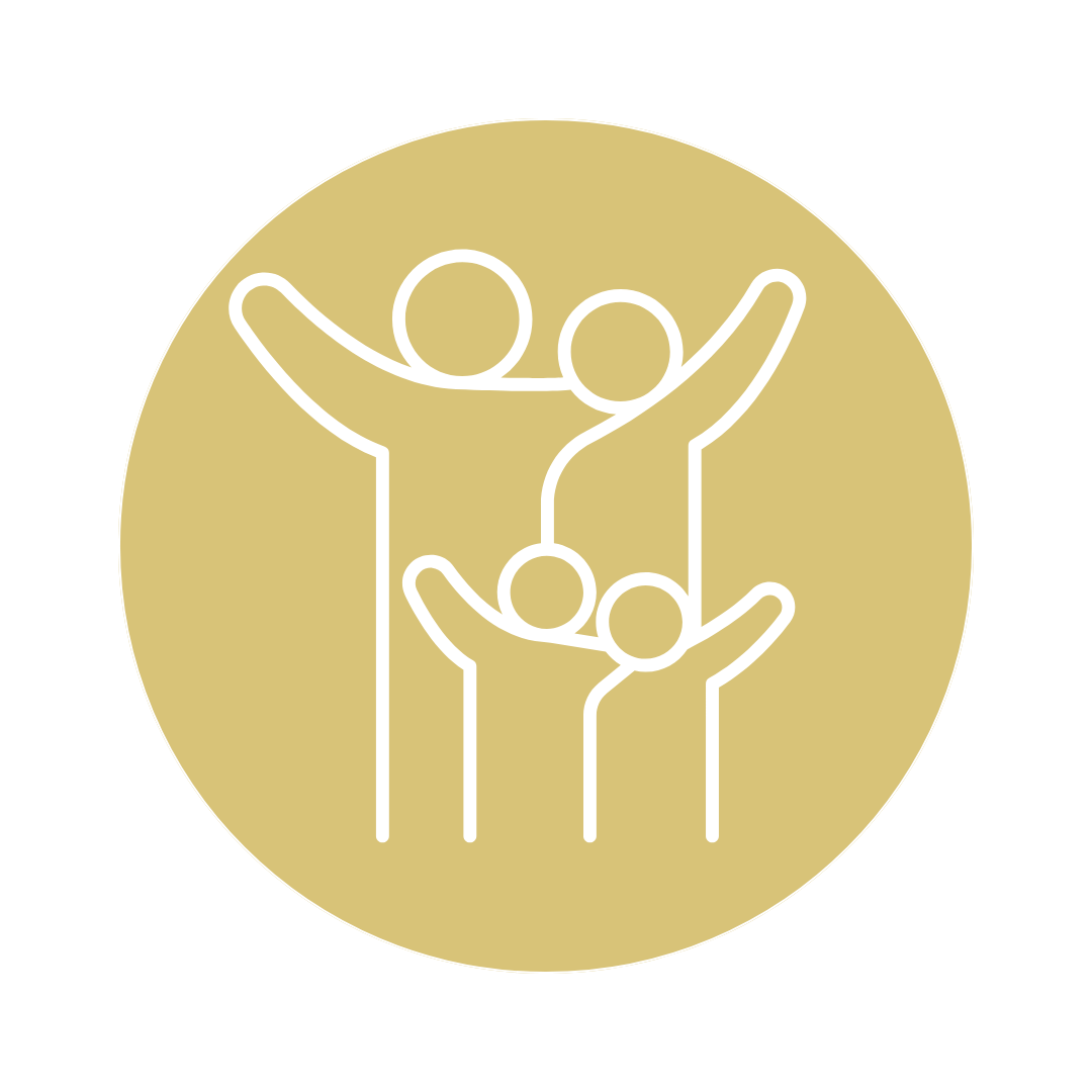Outline of four people, two adults and two children, with arms raised in celebration inside a gold circle.