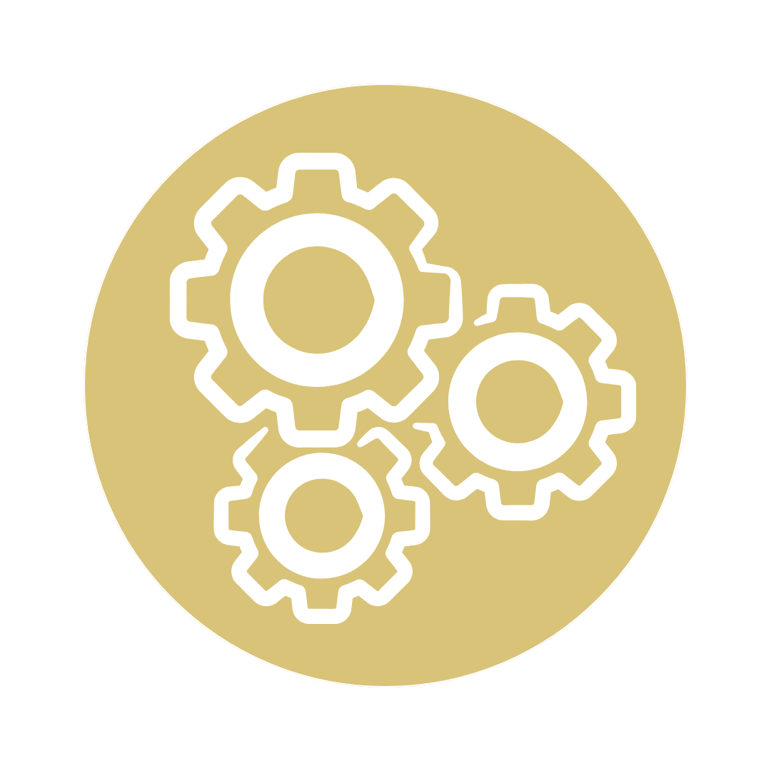 Icon of three white interconnected gears inside a gold circle.