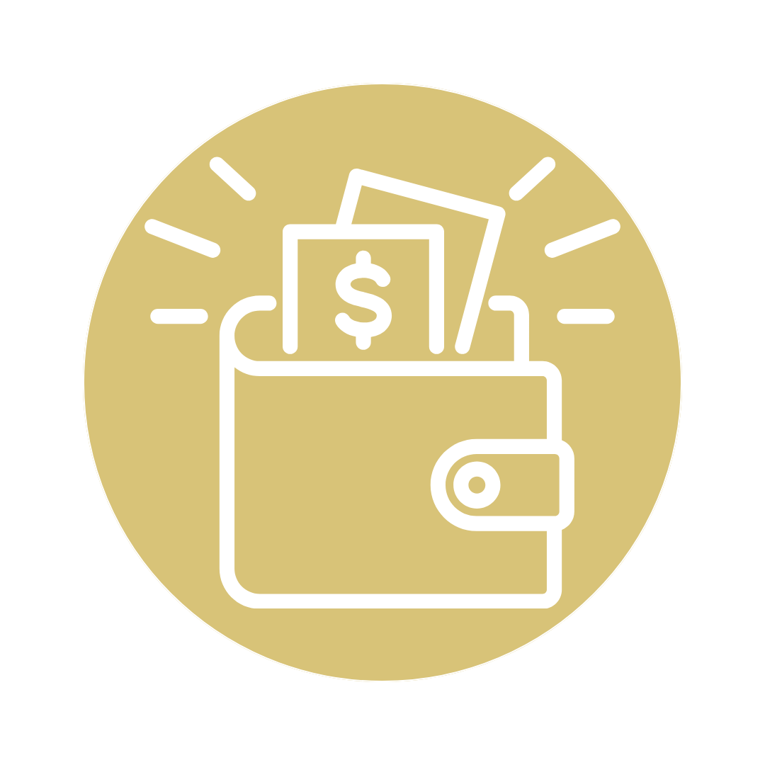 Outline of a wallet with cash and cards, surrounded by lines indicating shine or activity, on a gold circular background.