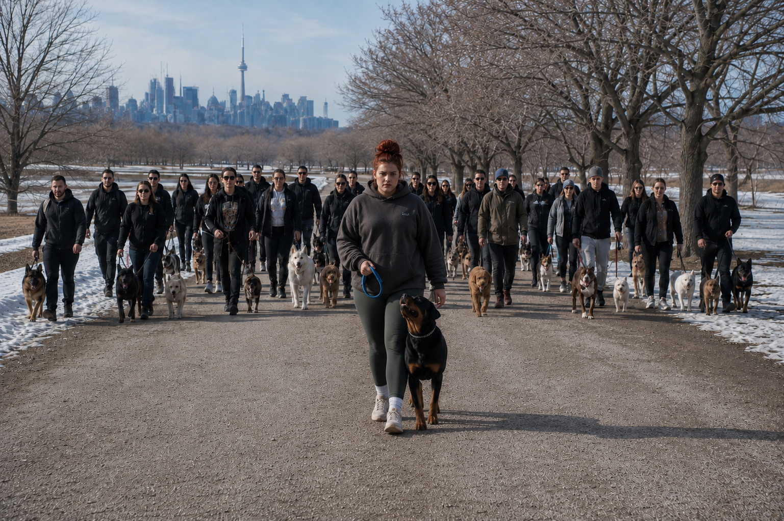 A group of people and their dogs walking in a park on a cold day with snow on the ground and city skyline in the background.