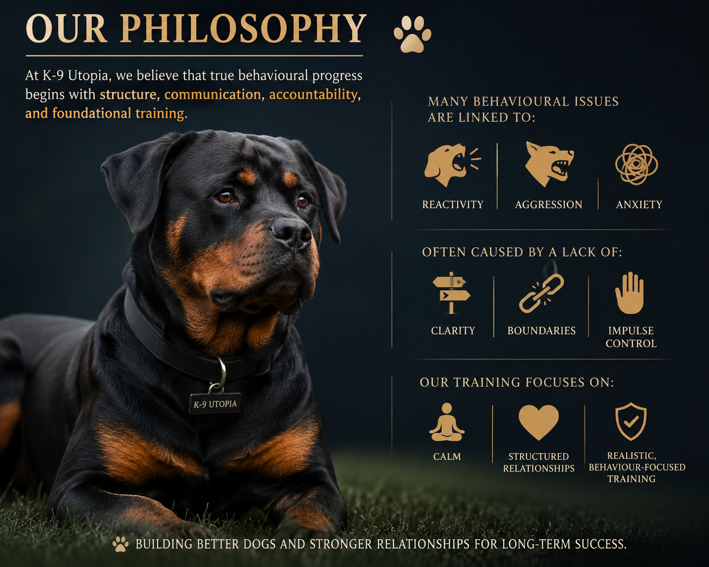 Informational graphic with a picture of a Rottweiler dog wearing a collar labeled 'K-9 Utopia'. The graphic outlines the training philosophy of K-9 Utopia, emphasizing behavior, communication, accountability, and foundational training to address issues like reactivity, aggression, and anxiety caused by lack of clarity, boundaries, and impulse control. The focus areas include being calm, structured relationships, and realistic behavior-focused training.
