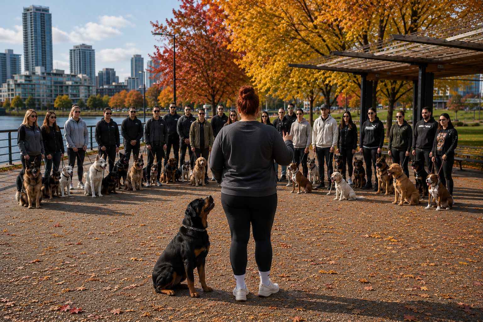 Group of people with their dogs attending a training session in a park during fall, with colorful autumn trees and city buildings in the background.