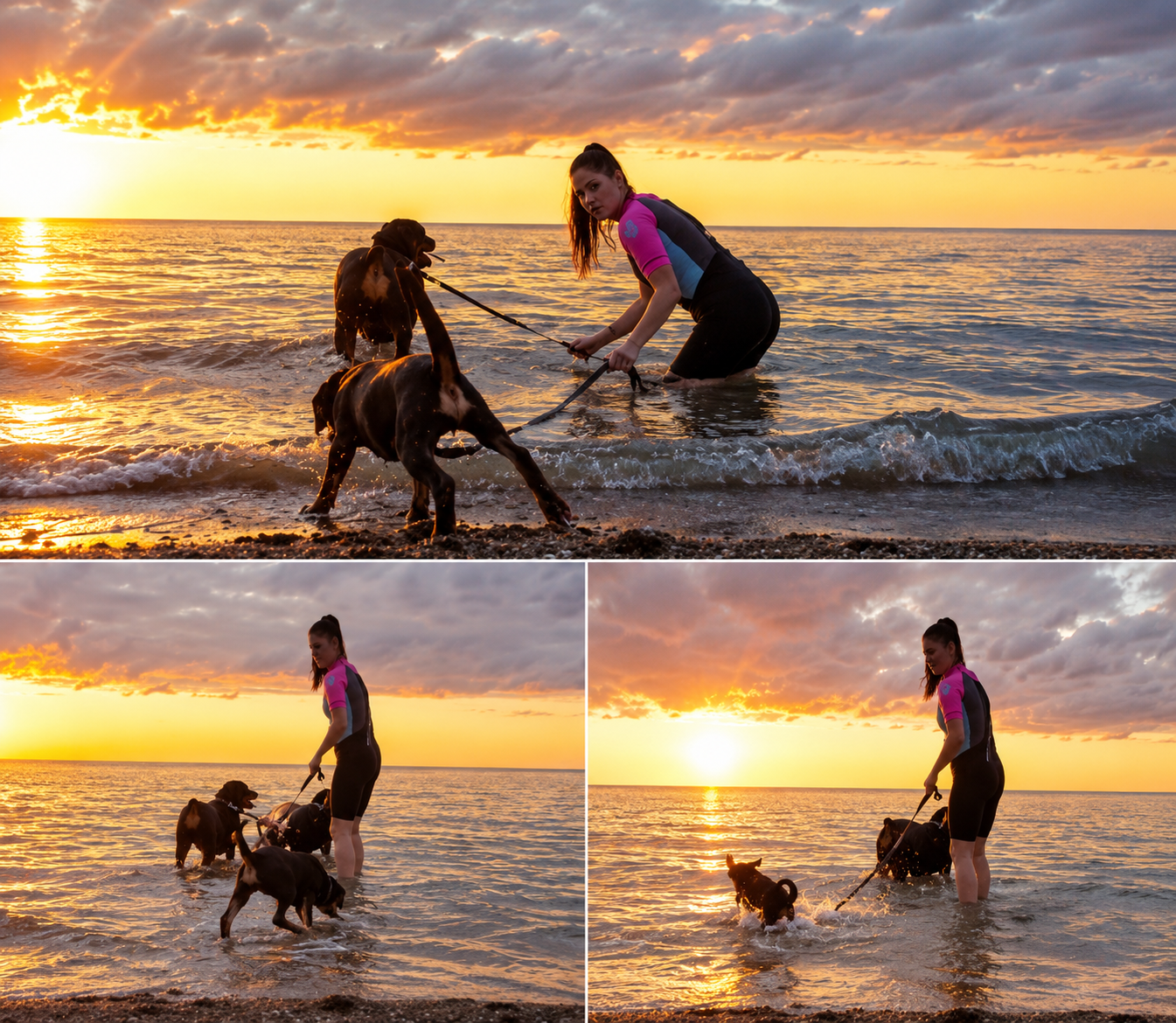 A woman and three dogs playing in the ocean at sunset.