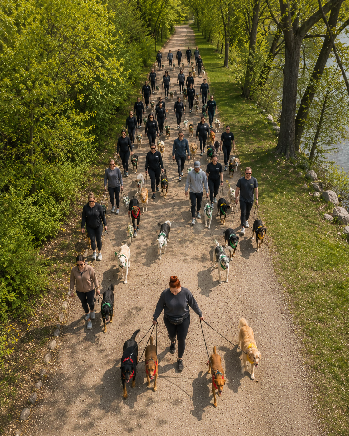A large group of people walking dogs along a wooded trail beside a body of water on a sunny day.