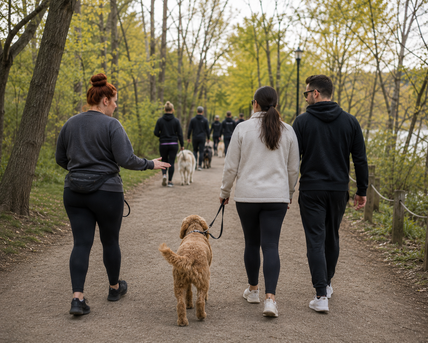 People walking dogs in a wooded park on a dirt trail in spring.