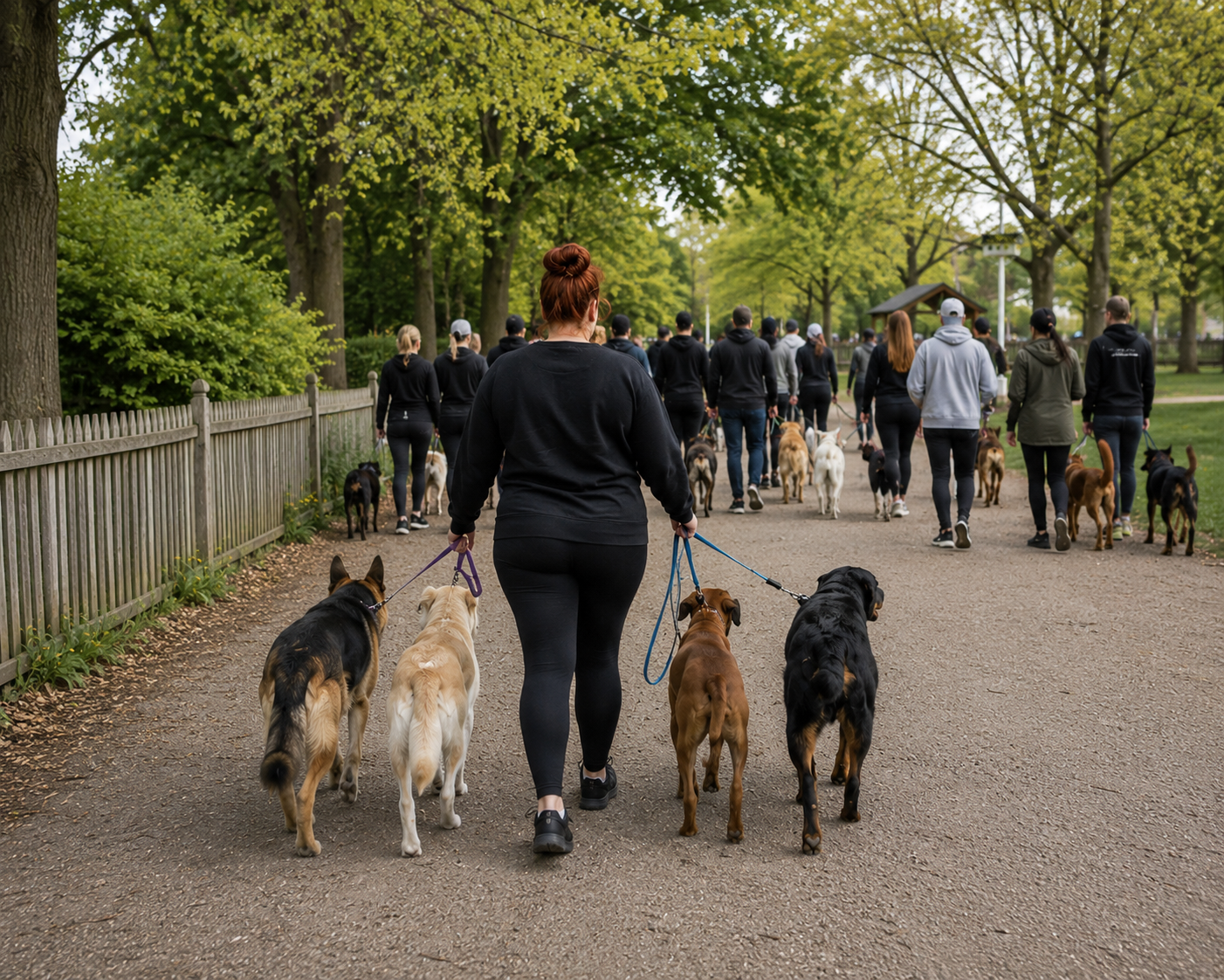 People walking their dogs in a park on a tree-lined pathway.