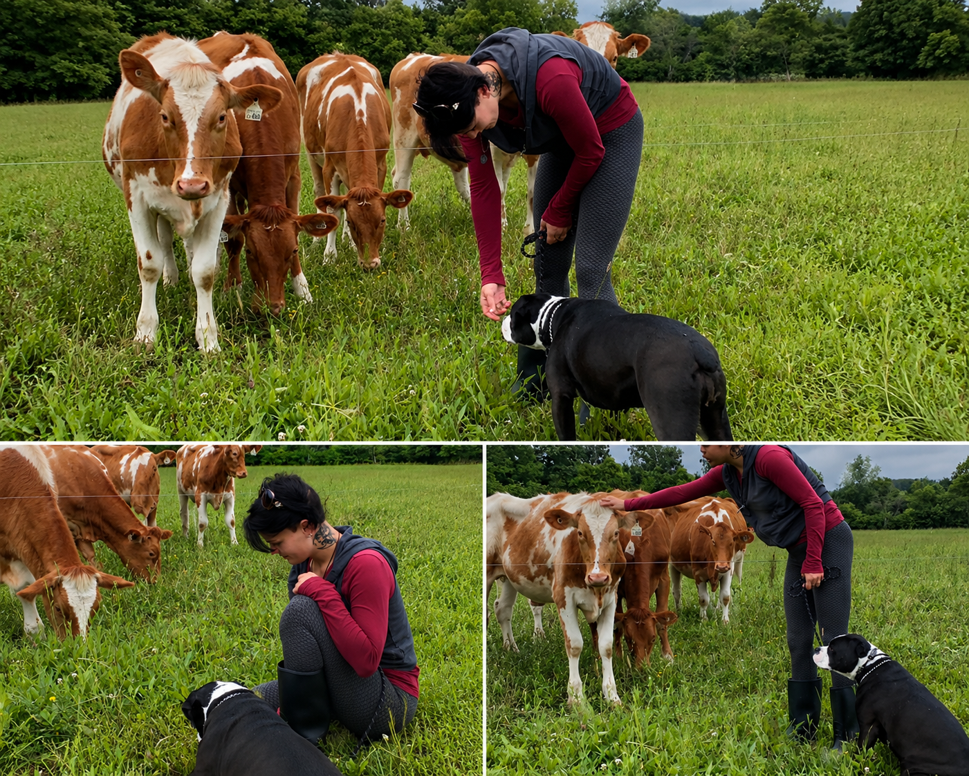 A woman with a black and white dog in a grassy field with cows. She is petting the cows while the dog sits nearby. The woman is wearing dark pants, a red long-sleeve shirt, and a black vest.