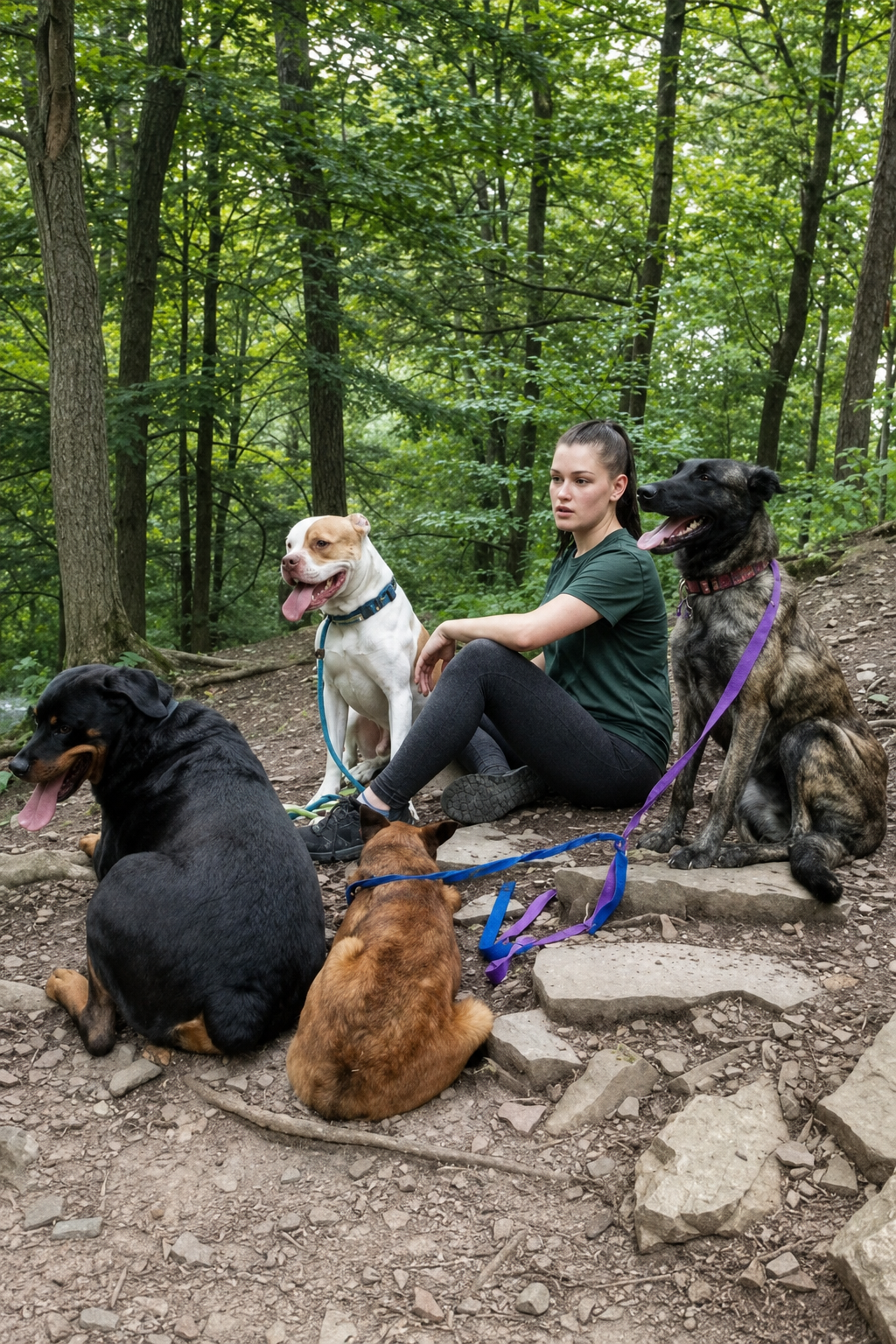 A woman sitting on a dirt trail in a forest with five dogs, some sitting and some lying down, surrounded by trees and green foliage.