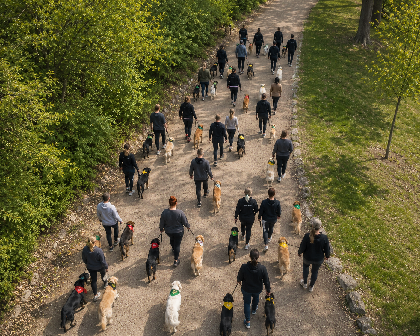 A group of people walking with dogs along a dirt path in a green park.