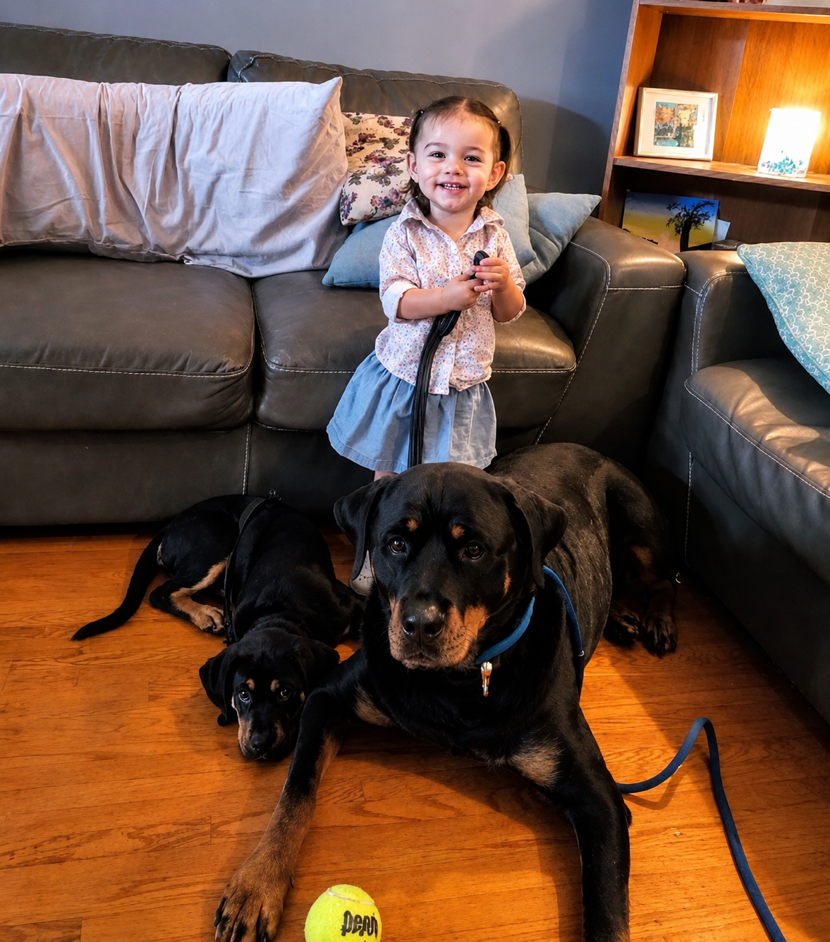 A young girl stands in a living room holding dog leashes beside three dogs, with a gray couch, pillows, and a wooden shelf with framed artwork and a lamp in the background.