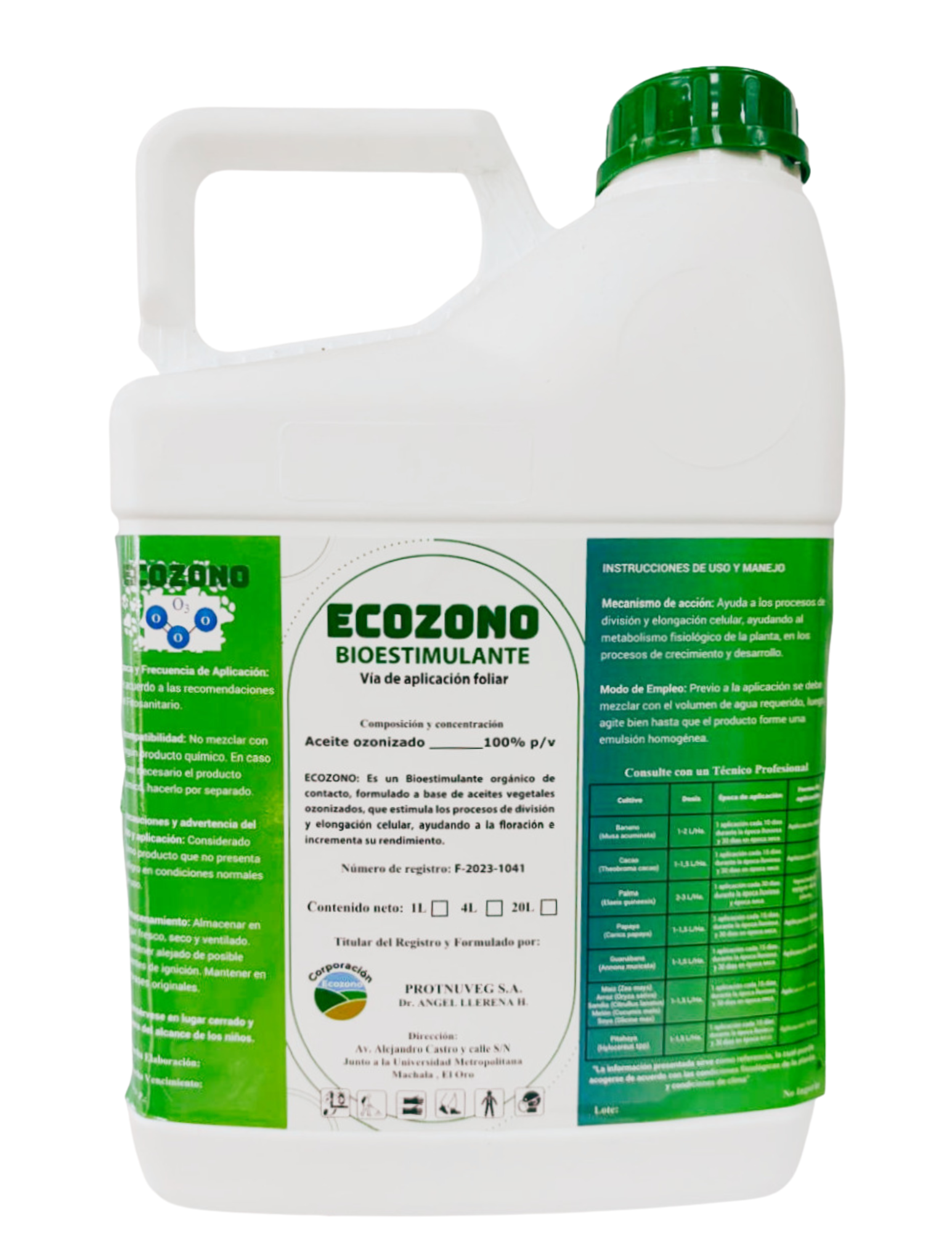 Envase de color blanco con etiqueta verde y texto en español, que contiene un bioestimulante llamado ECOZONO, utilizado para aplicaciones foliares en plantas, con instrucciones de uso, composición, advertencias y datos del fabricante.
