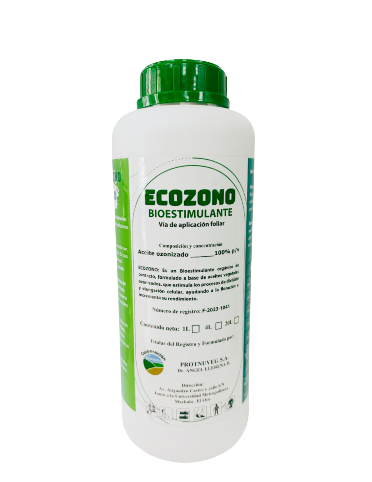 Botella de bioestimulante agrícola llamado Ecozono, utilizado para aplicaciones foliares en plantas, con etiqueta blanca y verde con instrucciones y logos de certificación.