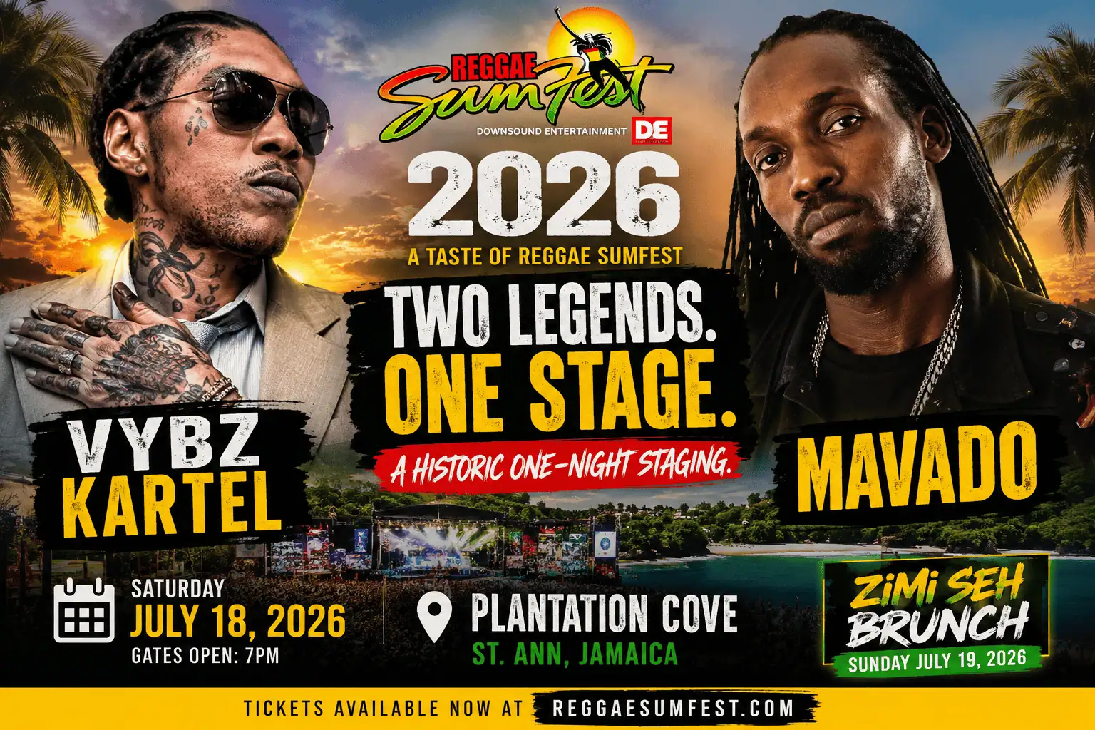 A poster of Sumfest two legends One Stage featuring Vybz Kartel and  Mavado