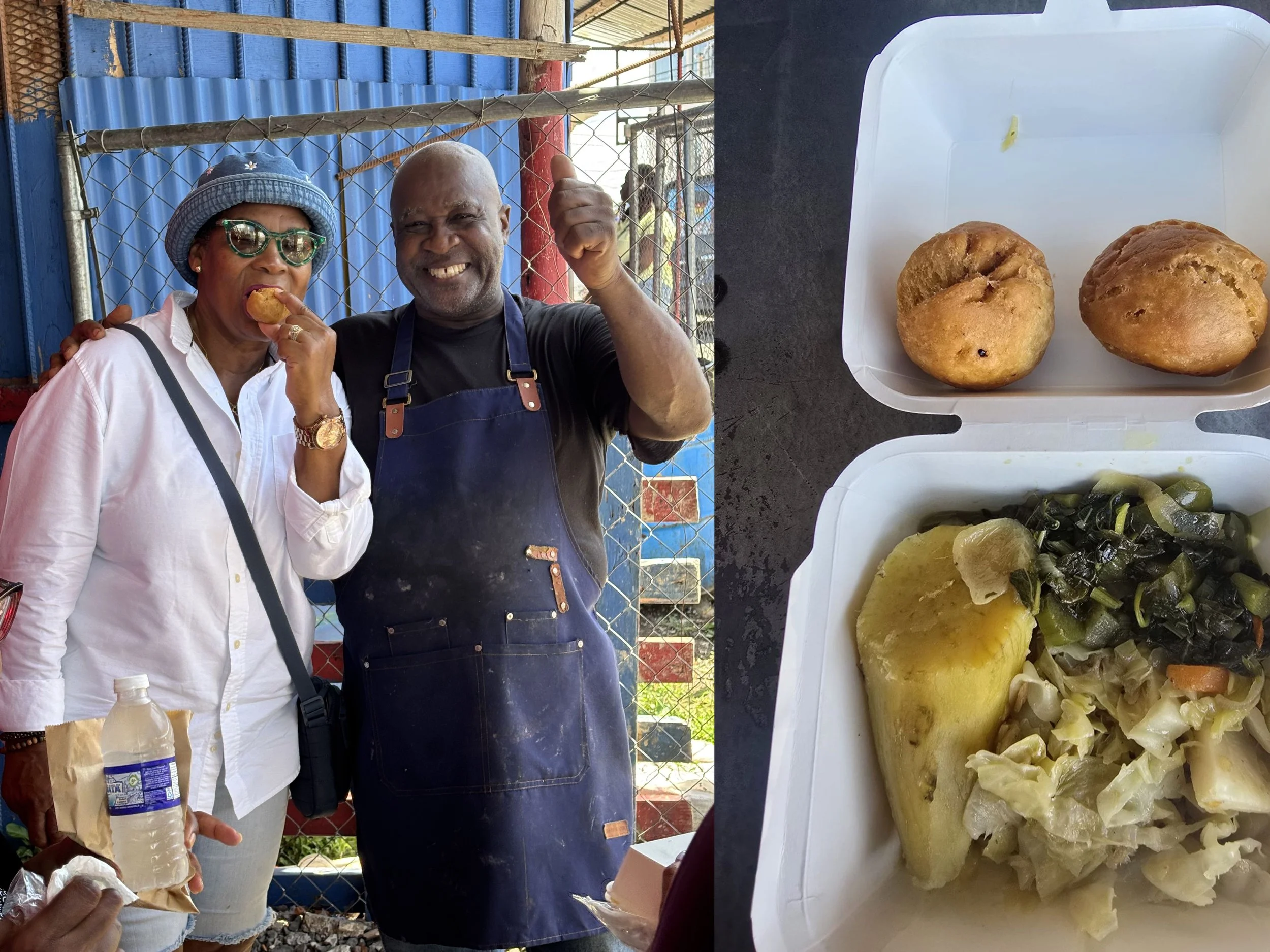 Woman tasting fried dumplings beside a smiling vendor, with a takeaway box of Jamaican food including yam and callaloo.