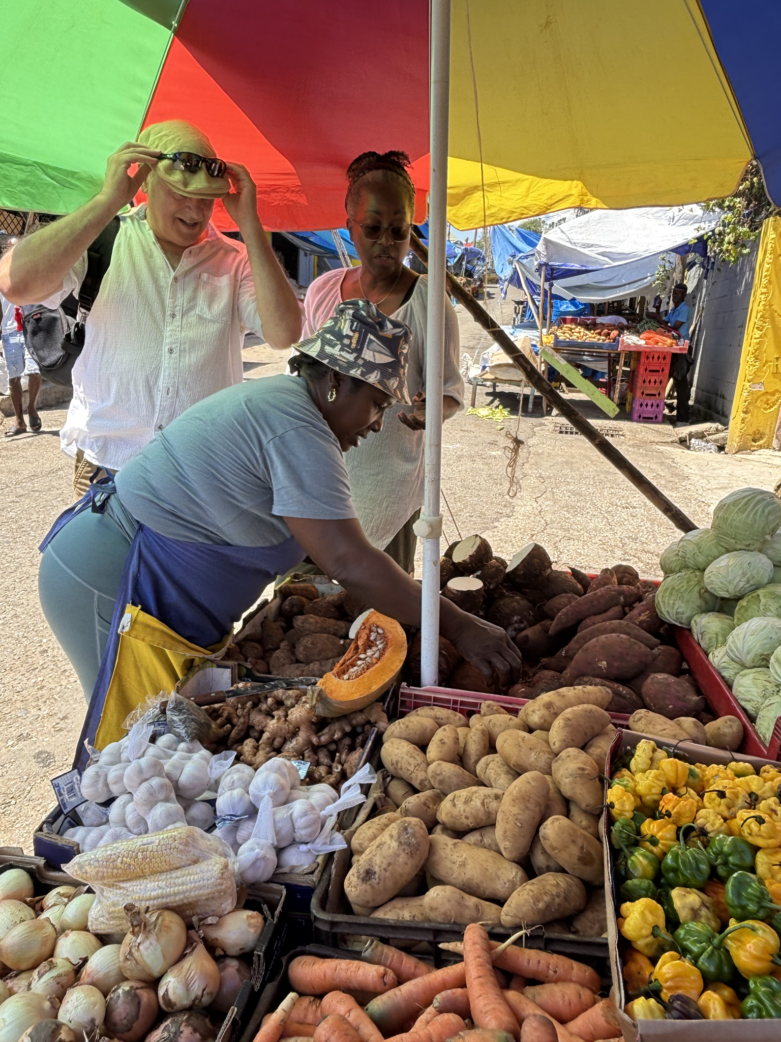 A Roots & Routes guide shows a tourist a vendor selling Jamaican ground provisions