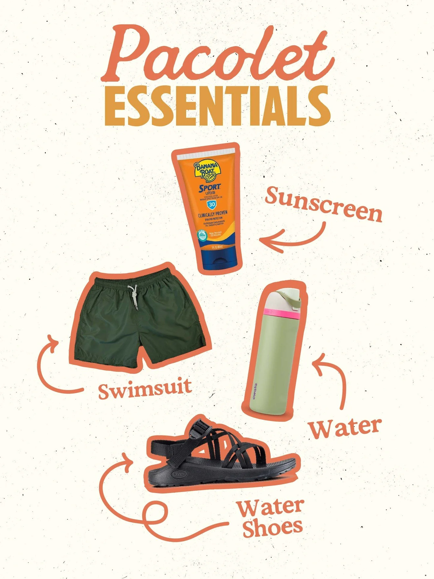 Consider this your Pacolet packing list. 🌊

Before you hit the river make sure you have got the essentials covered &mdash; sunscreen, swimsuit, water, and water shoes with a back strap. Everything else we have got covered for you. Just show up and f