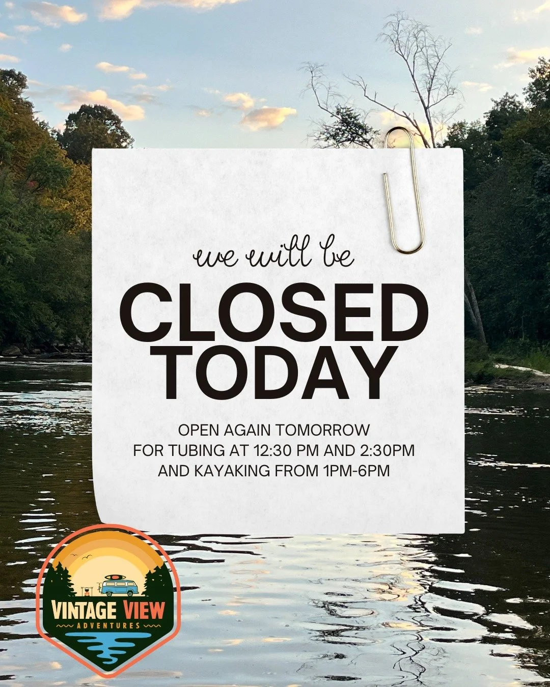 🌧️ WEATHER UPDATE: CLOSED TODAY 🌧️

Mother Nature is calling a rain check! Vintage View Adventures will be closed today due to the weather. Your safety on the water is always our top priority.

The good news? We&rsquo;ll be back open tomorrow and r
