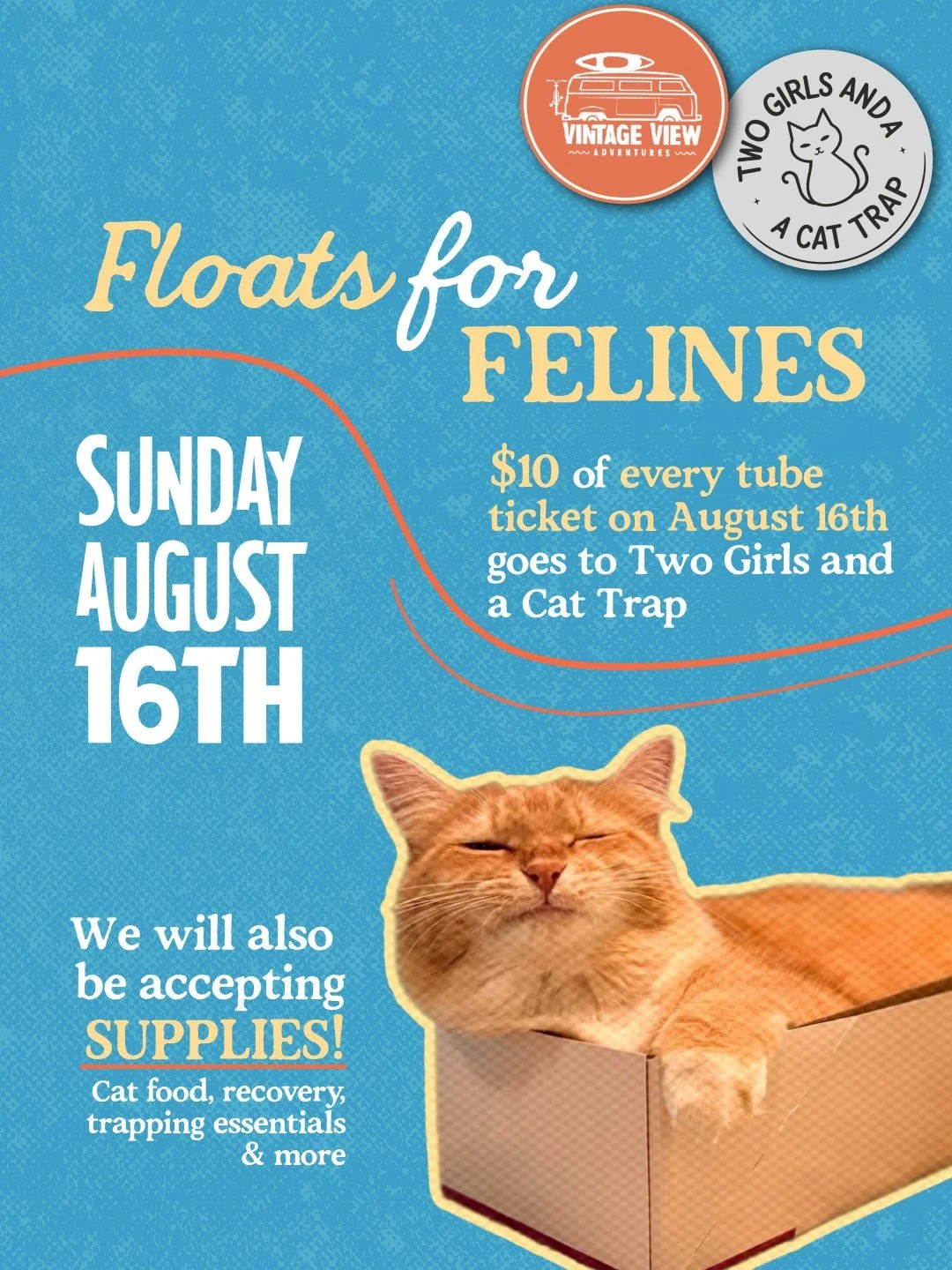 Float for a cause. 🐱

On Sunday, August 16th we are hosting Floats for Felines &mdash; a community fundraiser benefiting Two Girls and a Cat Trap, a two person grassroots Trap-Neuter-Return team doing incredible work for community cats right here on