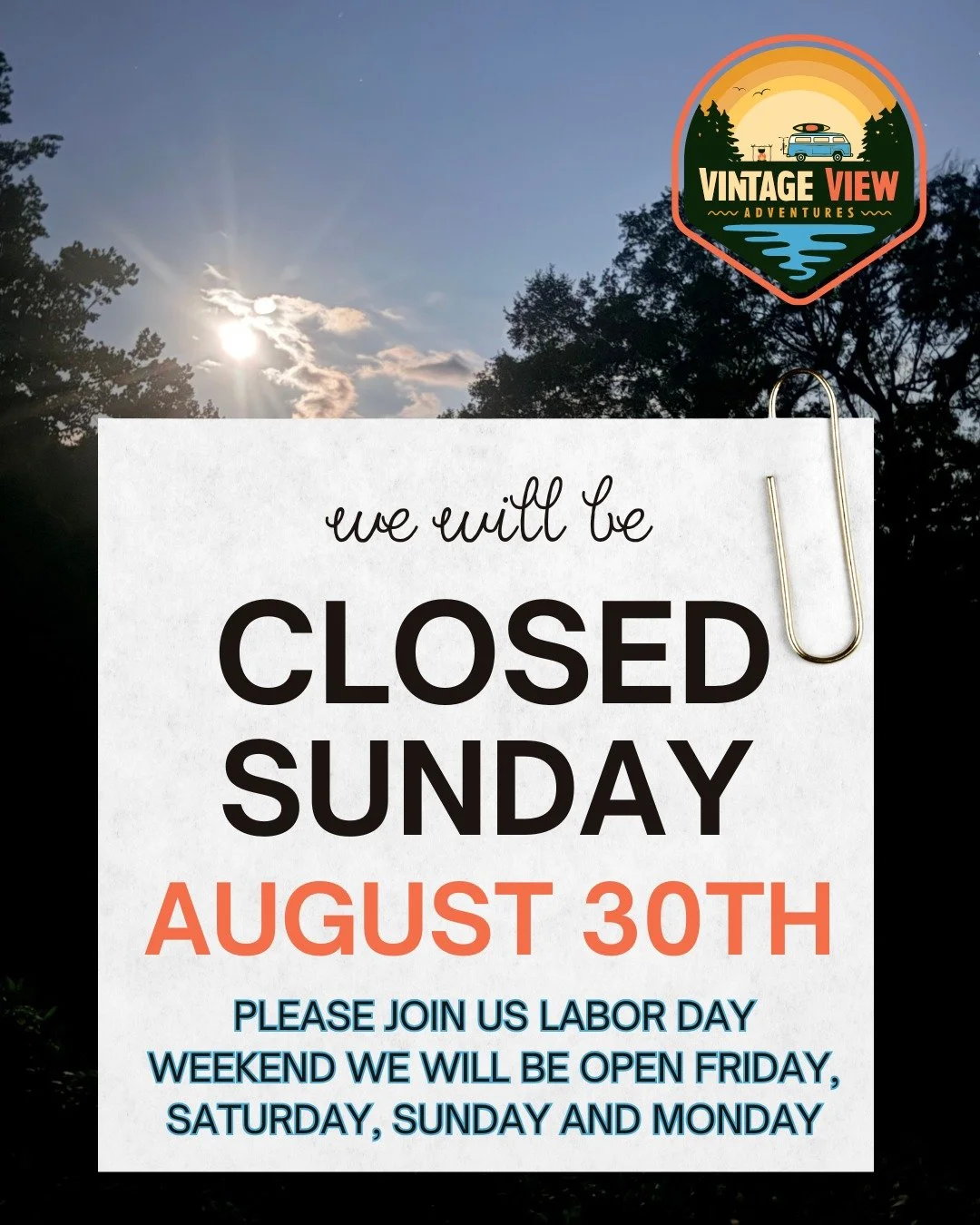 🎉 Quick Schedule Update, River Fam! 🎉

Our incredible crew worked their tails off keeping things running all summer long, so we&rsquo;re taking a quick pause to give them a well-deserved break!

🚫 Closed THIS Sunday: We will be closed this Sunday 