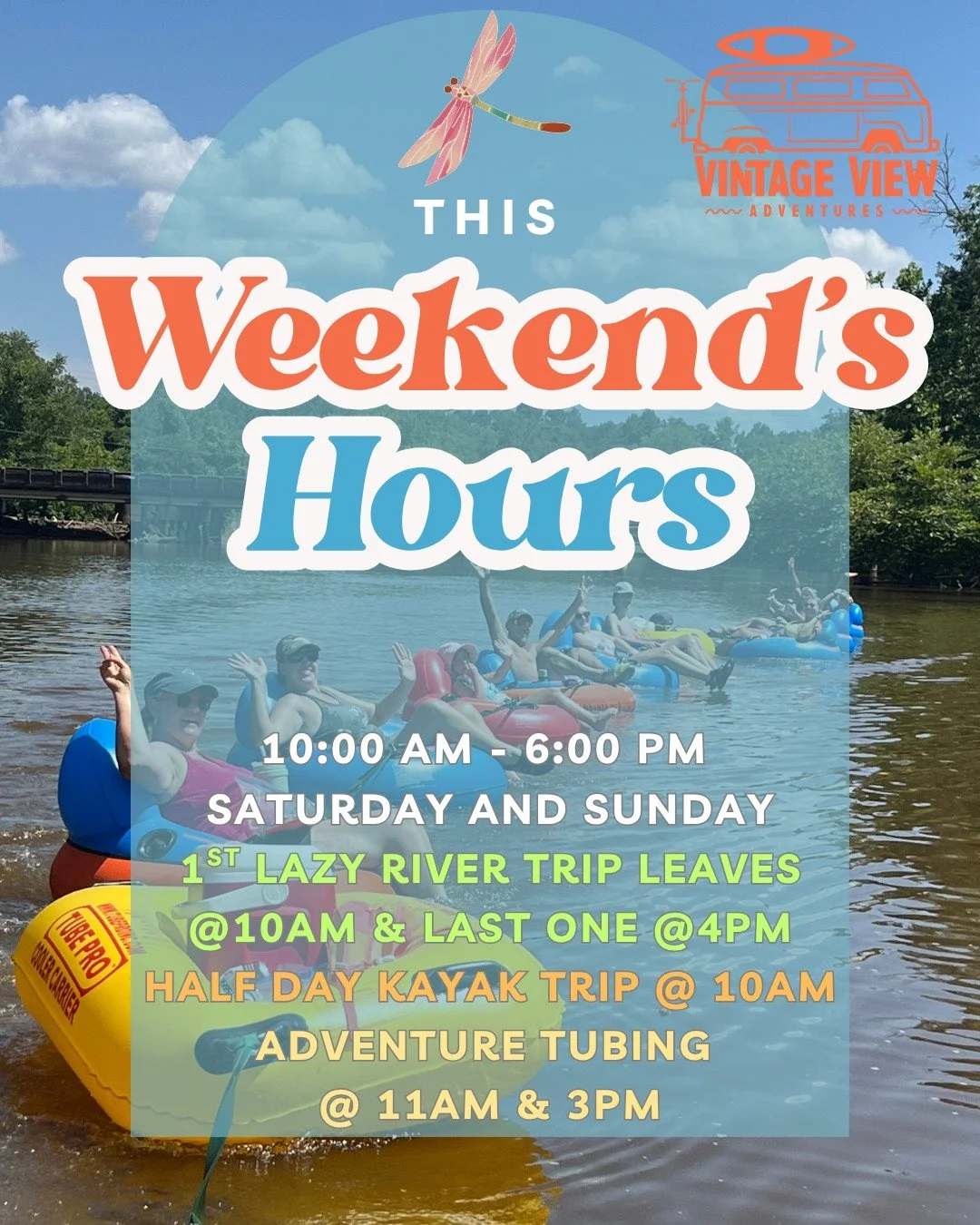 Weekend Schedule &amp; Launch Times
🗓️ Operating Days: Saturday &amp; Sunday 10:00 AM &ndash; 6:00 PM
🛞 Lazy River Tubing: Launches every hour, on the hour from 10:00 AM to 4:00 PM
🚣 Adventure Tubing:  Special launches at 11:00 AM &amp; 3:00 PM
😎