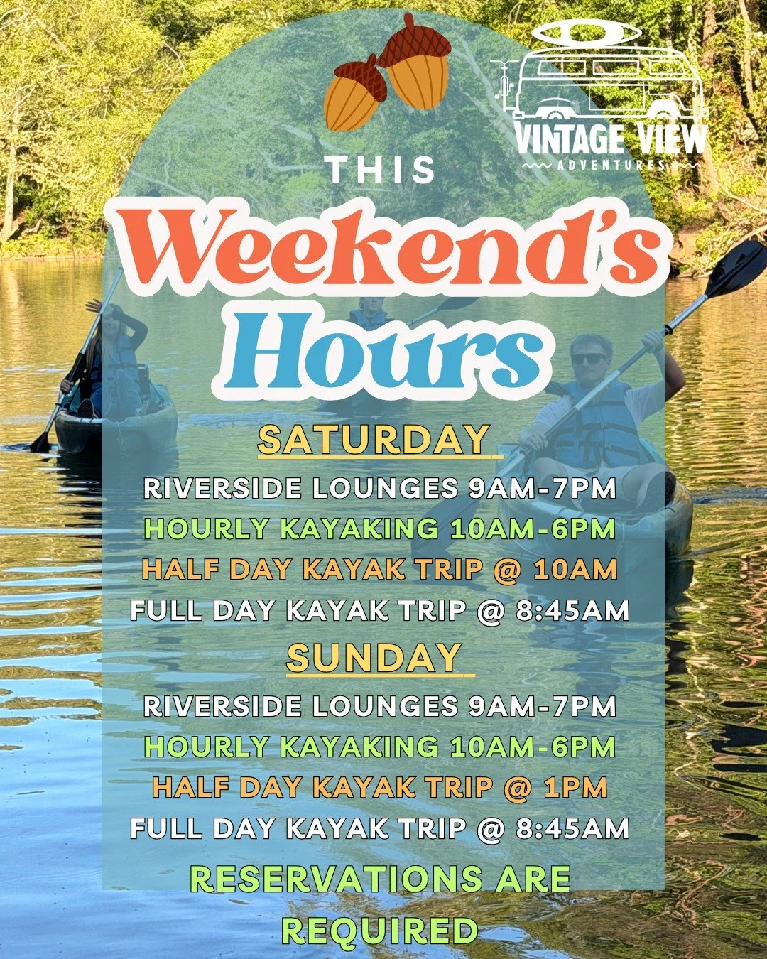 Ready for a weekend on the Pacolet River? Here are our operating hours for Saturday, October 3rd and Sunday, October 4th:

Spots fill up quickly on cool autumn weekends&mdash;head to the link in our bio to lock in your launch time or lounge space ahe