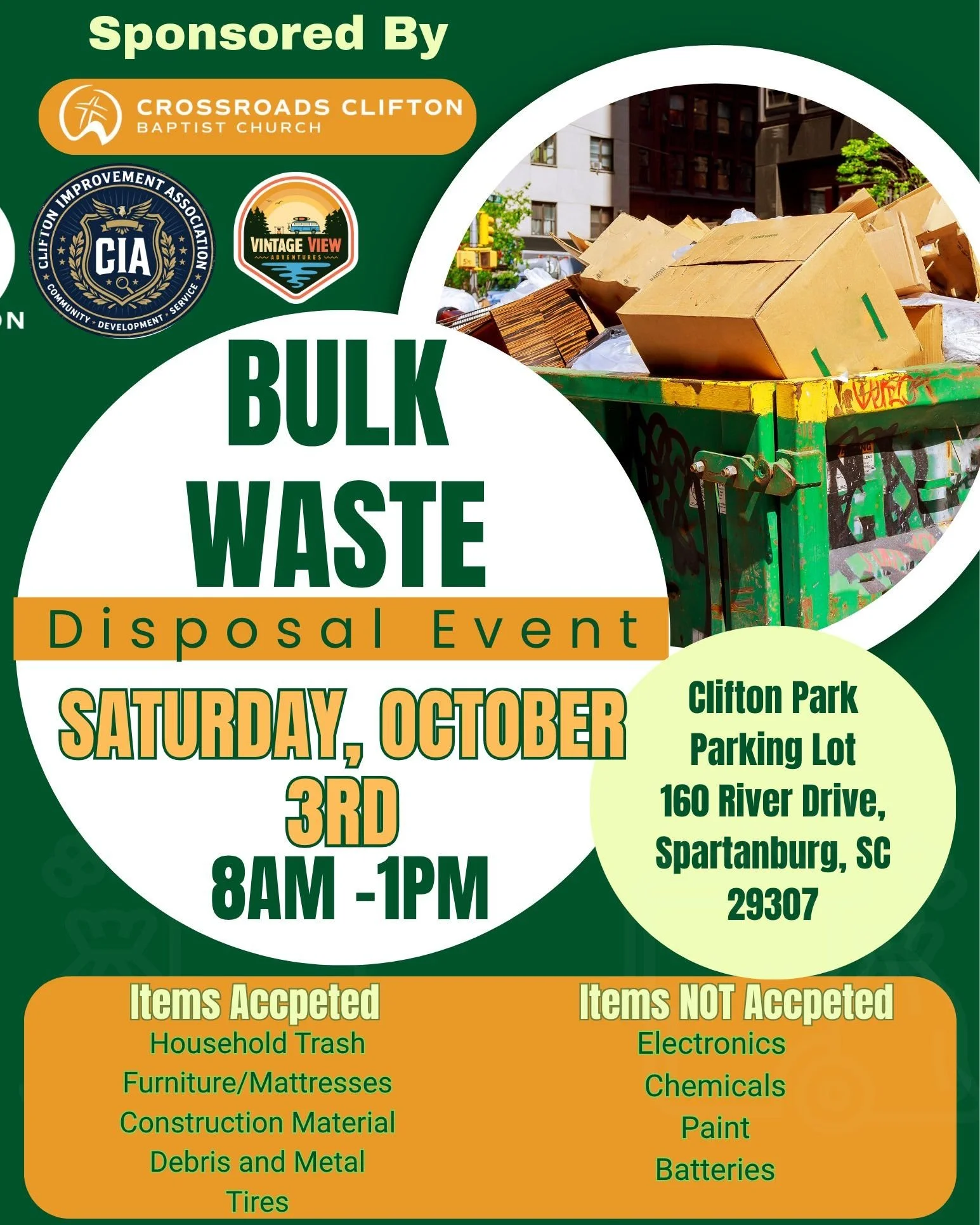 Attention Clifton Area Residents! 📣✨

Don't forget that we will be out at Clifton Park today from 8am -1pm taking all of your Bulk Waste Items!

#CliftonSC #VintageViewAdventures #KeepCliftonBeautiful #CommunityFirst #CliftonCleanUp #CliftonImprovem