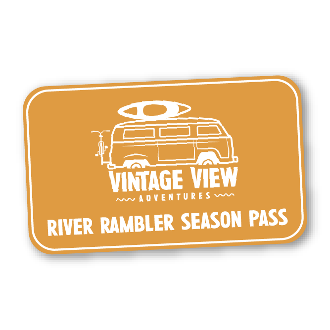 A brown and white season pass for Vintage View Adventures River Rambler, featuring an illustration of a van with a kayak on top.