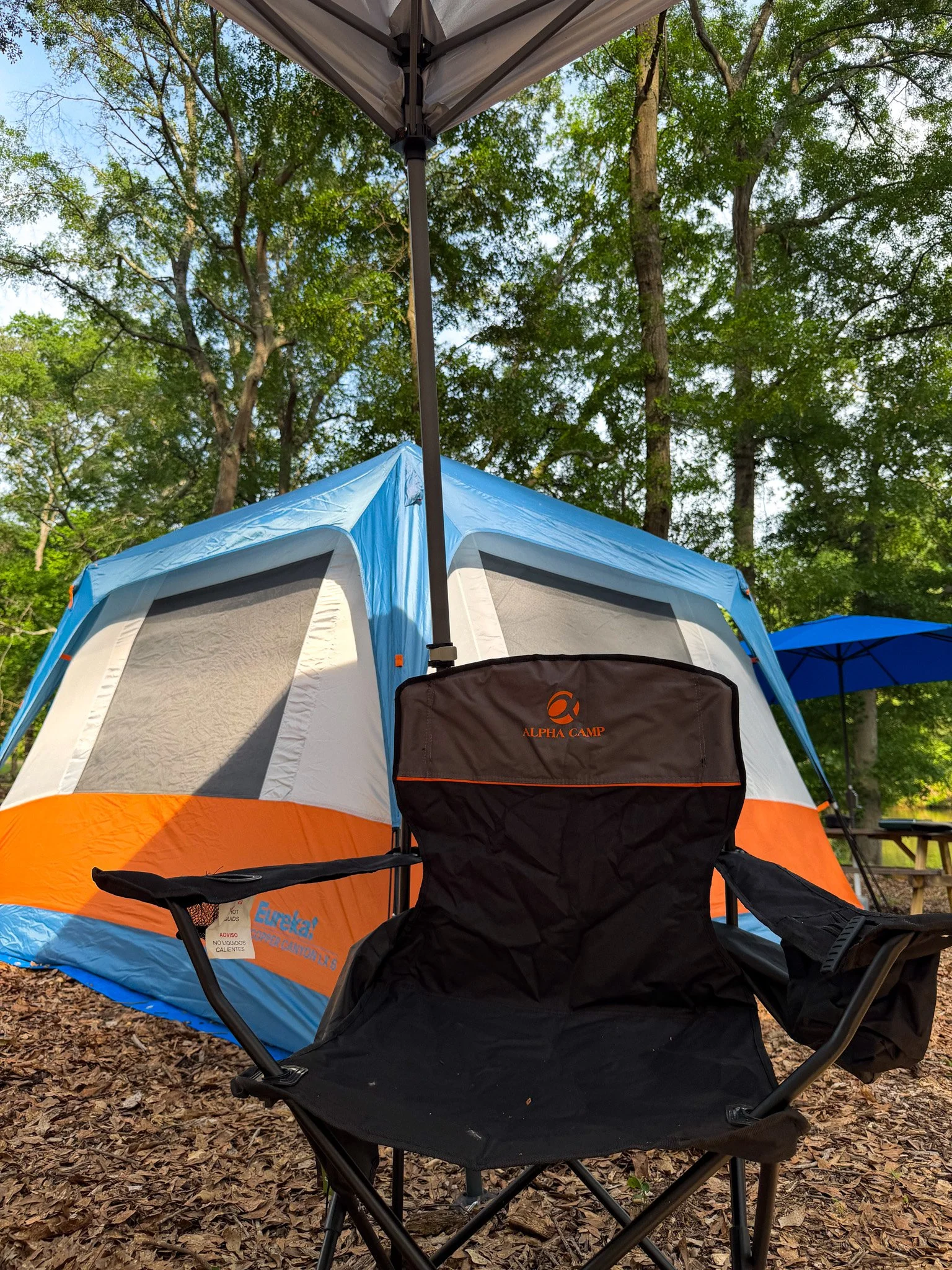A camping scene with a large blue and orange Eureka tent set up outdoors on leaf-covered ground. In front of the tent, there is a black outdoor chair with a logo saying 'Alpha Camp'. A canopy or umbrella is above, and tall trees with green leaves sur