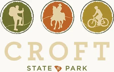 Icons of a person fishing, a person riding a horse, and a person riding a bicycle, above the text 'Croft State Park'.