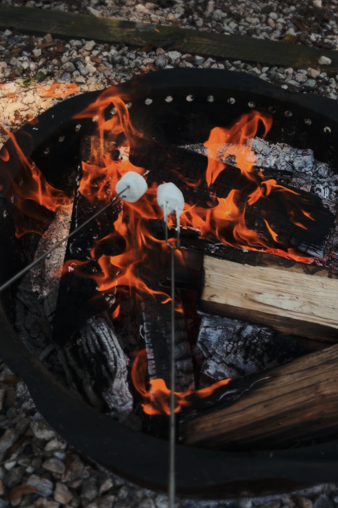 Marshmallows roasting on a campfire in a black fire ring outdoors.