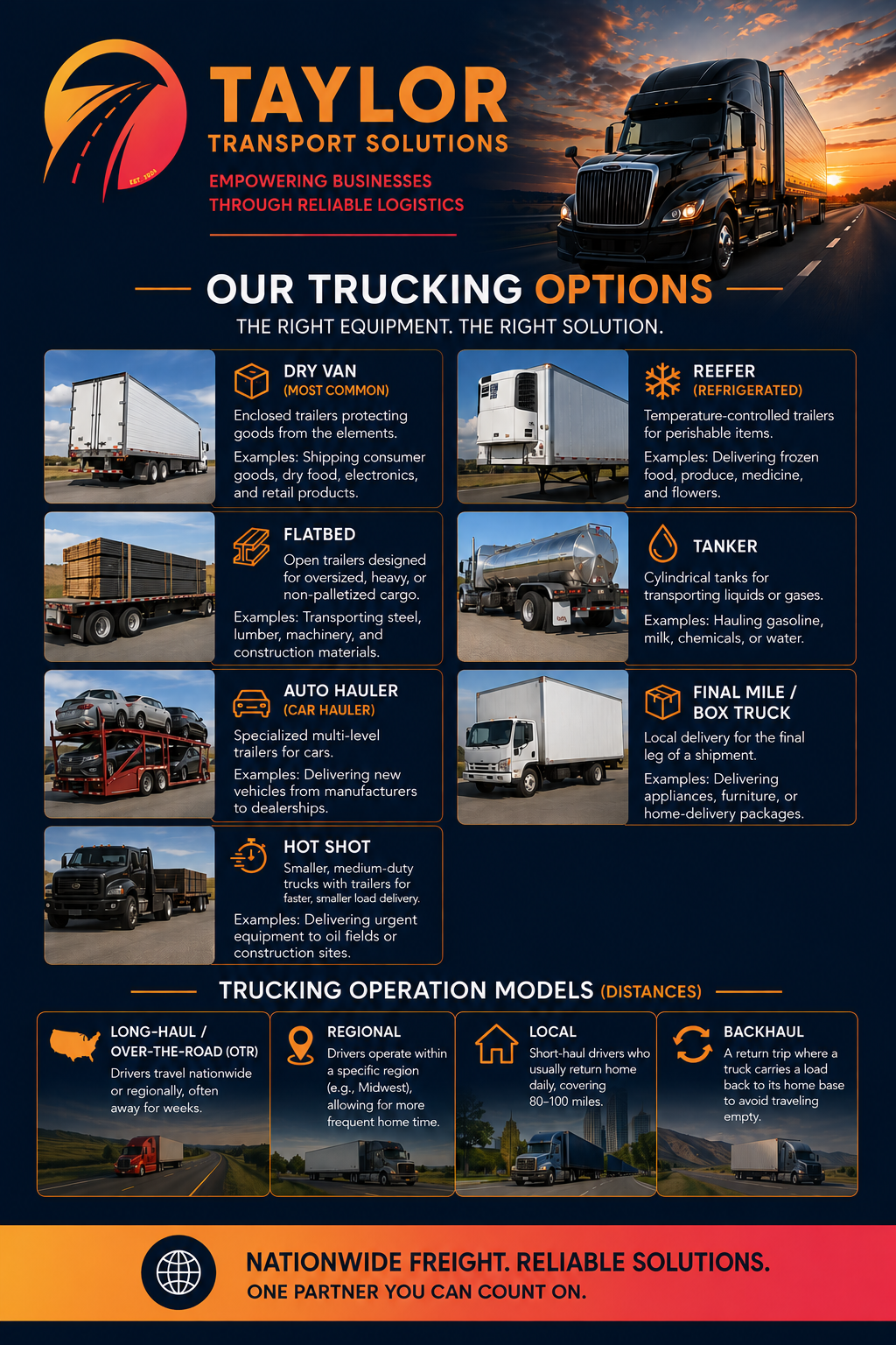 An informational graphic for Taylor Transport Solutions showcasing various trucking options, including dry van, reefer, flatbed, tanker, auto hauler, final mile/box truck, and hot shot trucks, along with different operation models like long-haul, regional, local, and backhaul.