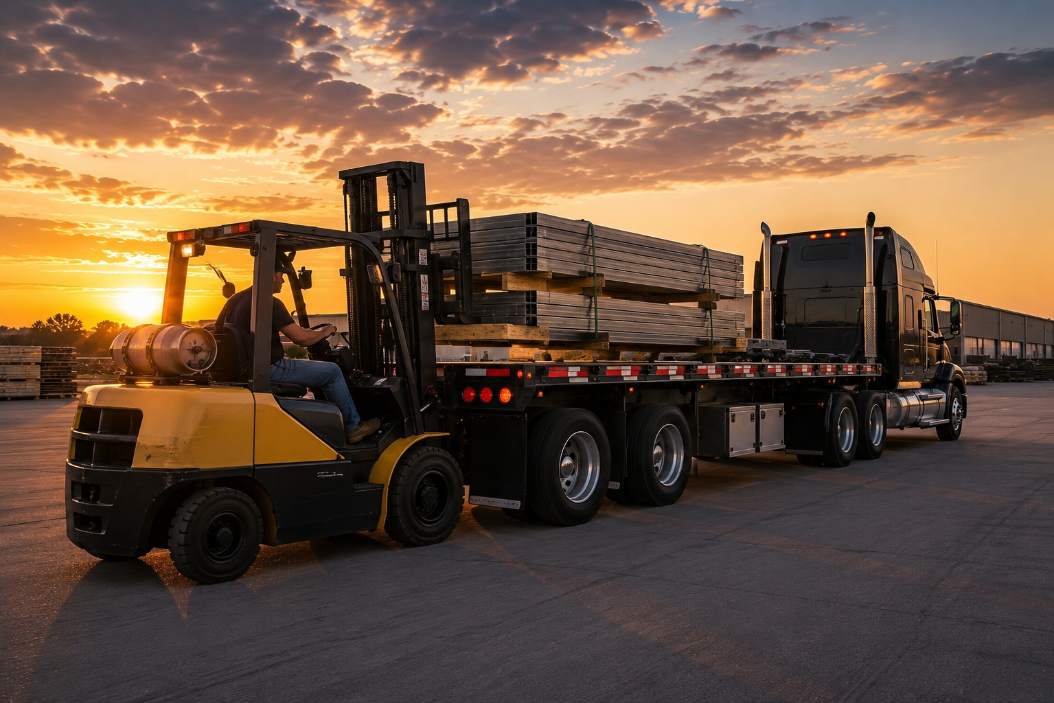A forklift lifting wooden pallets on a flatbed truck at sunset at a warehouse or industrial yard.