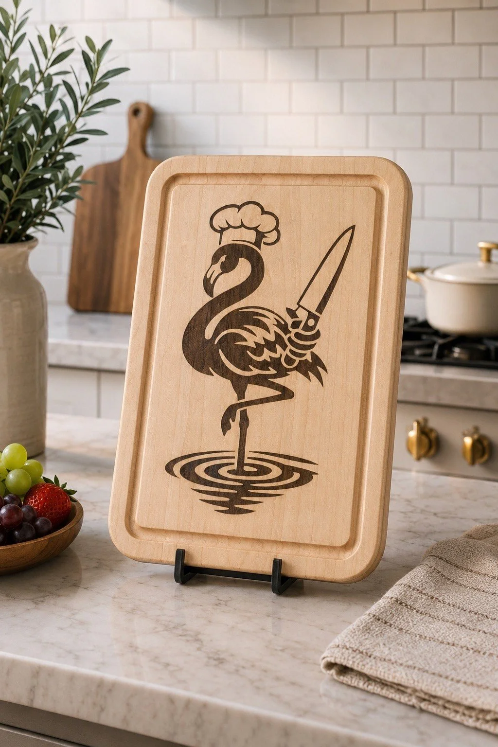 Wooden cutting board with a black illustration of a flamingo wearing a chef's hat, holding a knife, standing on one leg in water.