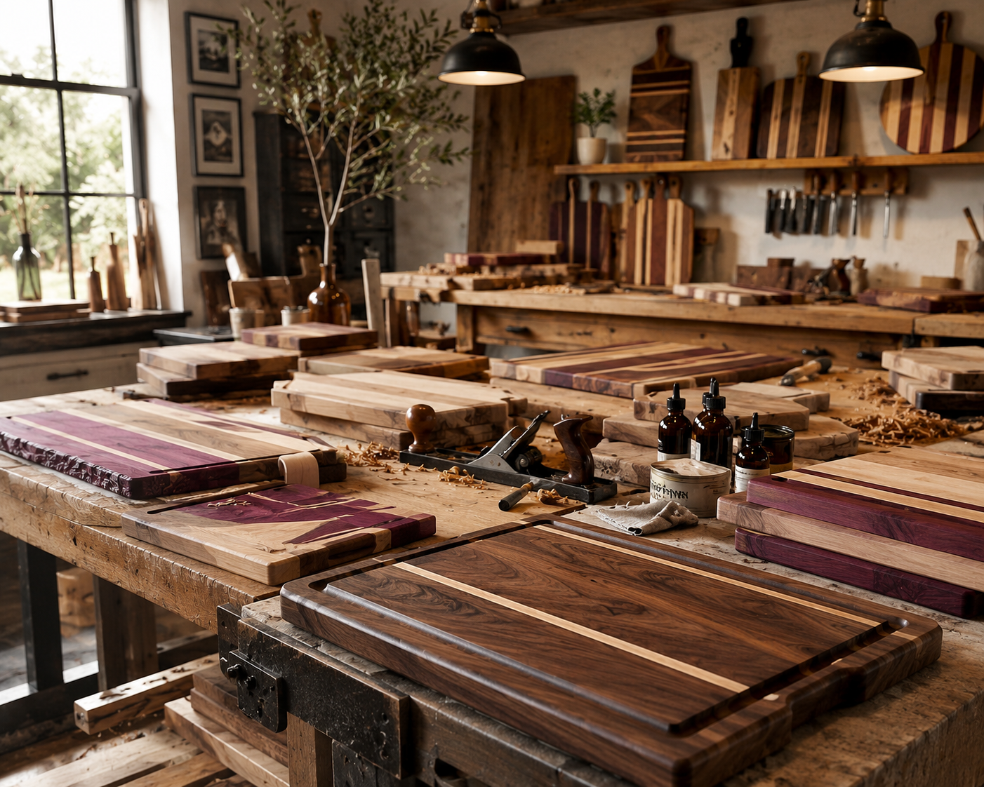 A woodworking workshop with a large workbench displaying several colorful wooden cutting boards, various woodworking tools, and bottles of finishing oil. The background features more woodworking tools hanging on the wall and wooden shelves with additional cutting boards and decorative items.