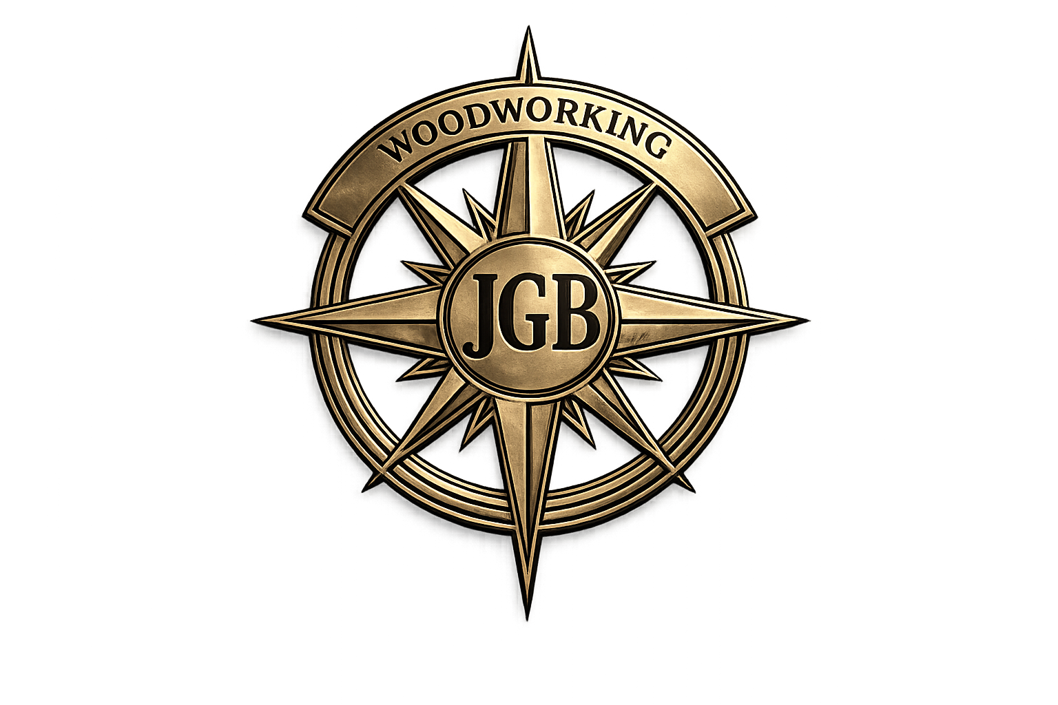 A wooden emblem with the words "WOODWORKING" at the top and the initials "JGB" in the center, designed like a compass rose.