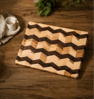 Wooden chessboard with alternating light and dark squares on a wooden table.