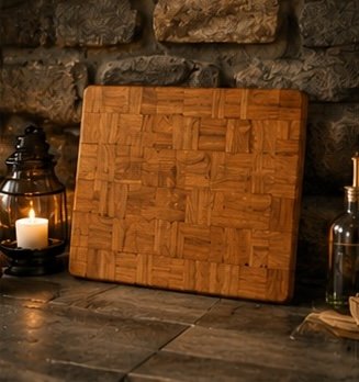 A wooden cutting board leaning against a stone wall, with candles and bottles nearby.