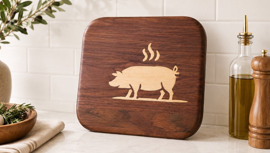 A wooden cutting board with a pig silhouette and steam lines on a kitchen countertop.
