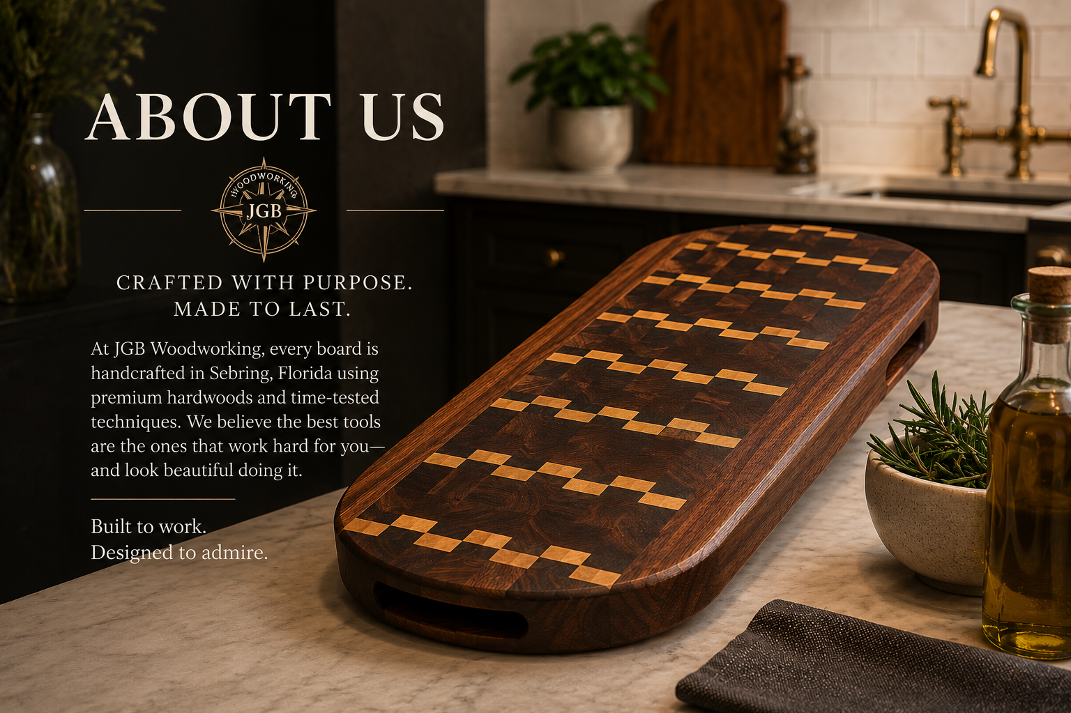 A wooden cutting board with a geometric pattern on a kitchen countertop, alongside a plant, olive oil bottle, and a black cloth, with a text overlay about JGB Woodworking.