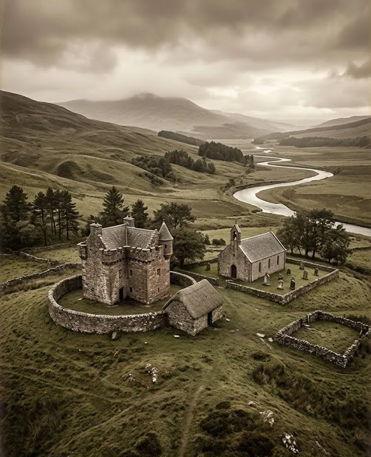 A castle with a surrounding wall, a small stone house, and a church with a graveyard nearby, set in a green landscape with rolling hills and a river winding through the scenery under cloudy skies.